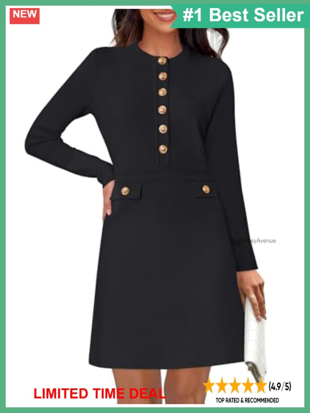 Long Sleeve Mini Sweater Dress Button A-Line Casual Work